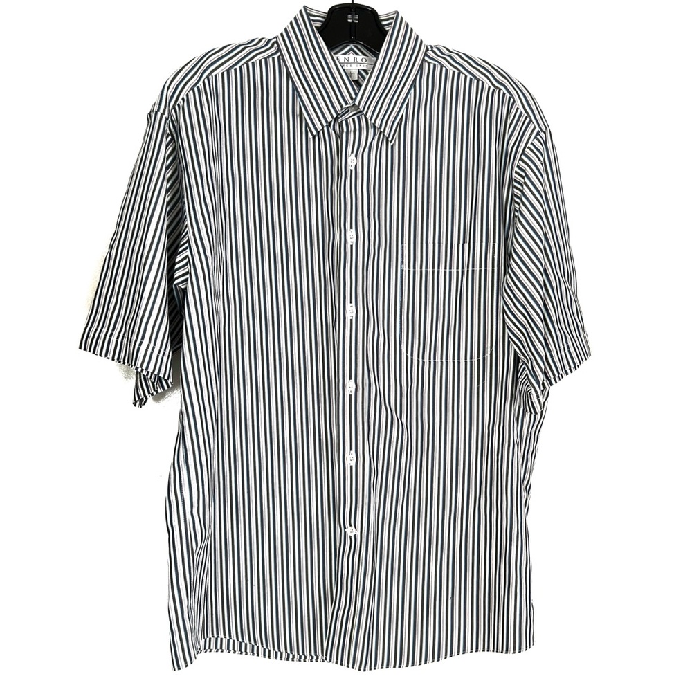 Enro Men’s Short Sleeve Button Down Dress Shirt Striped Blue Green White Orange